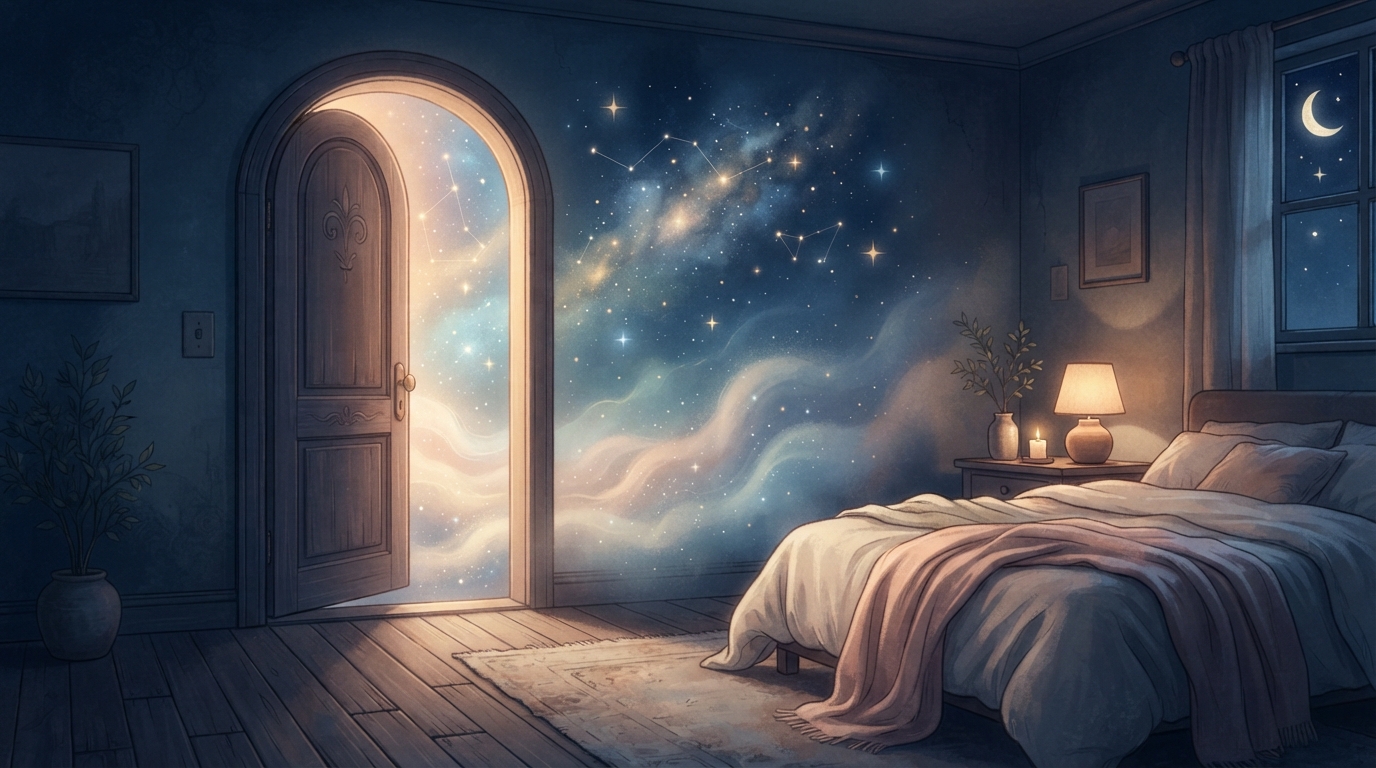 安靜房間中微光門扉通往星光霧氣,象徵前世回溯催眠中的內在探索