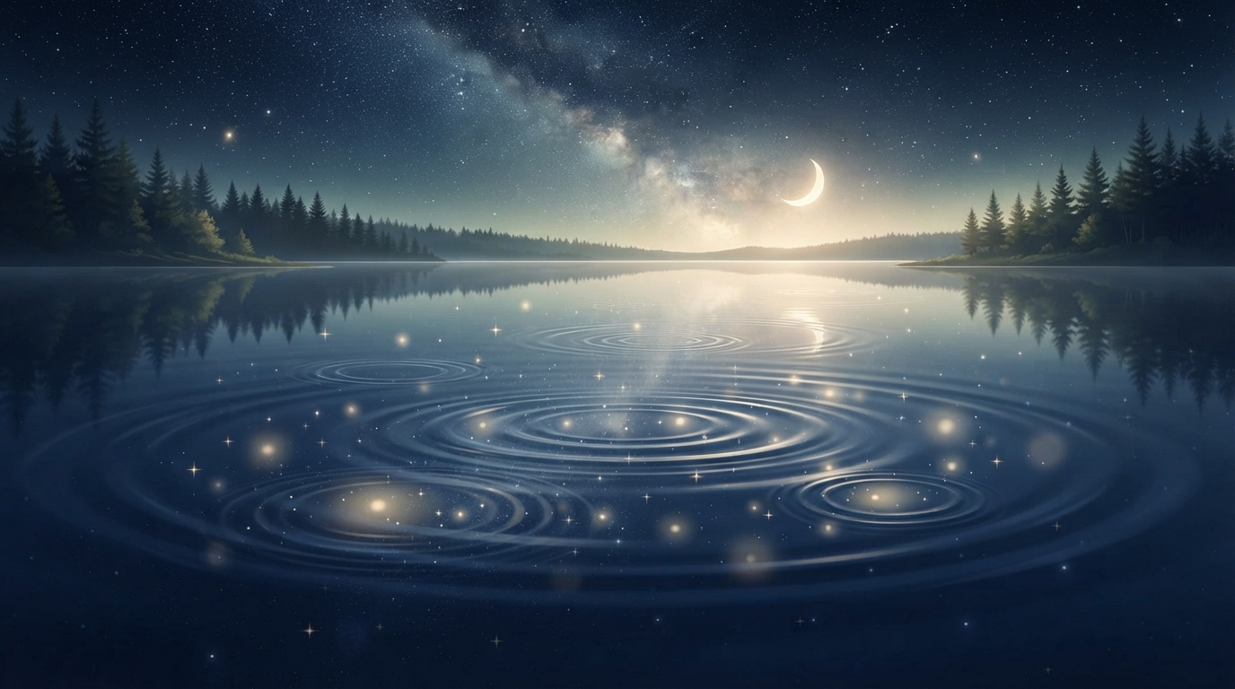 星空下的水面倒影與柔和光點,象徵前世回溯後的整合與理解