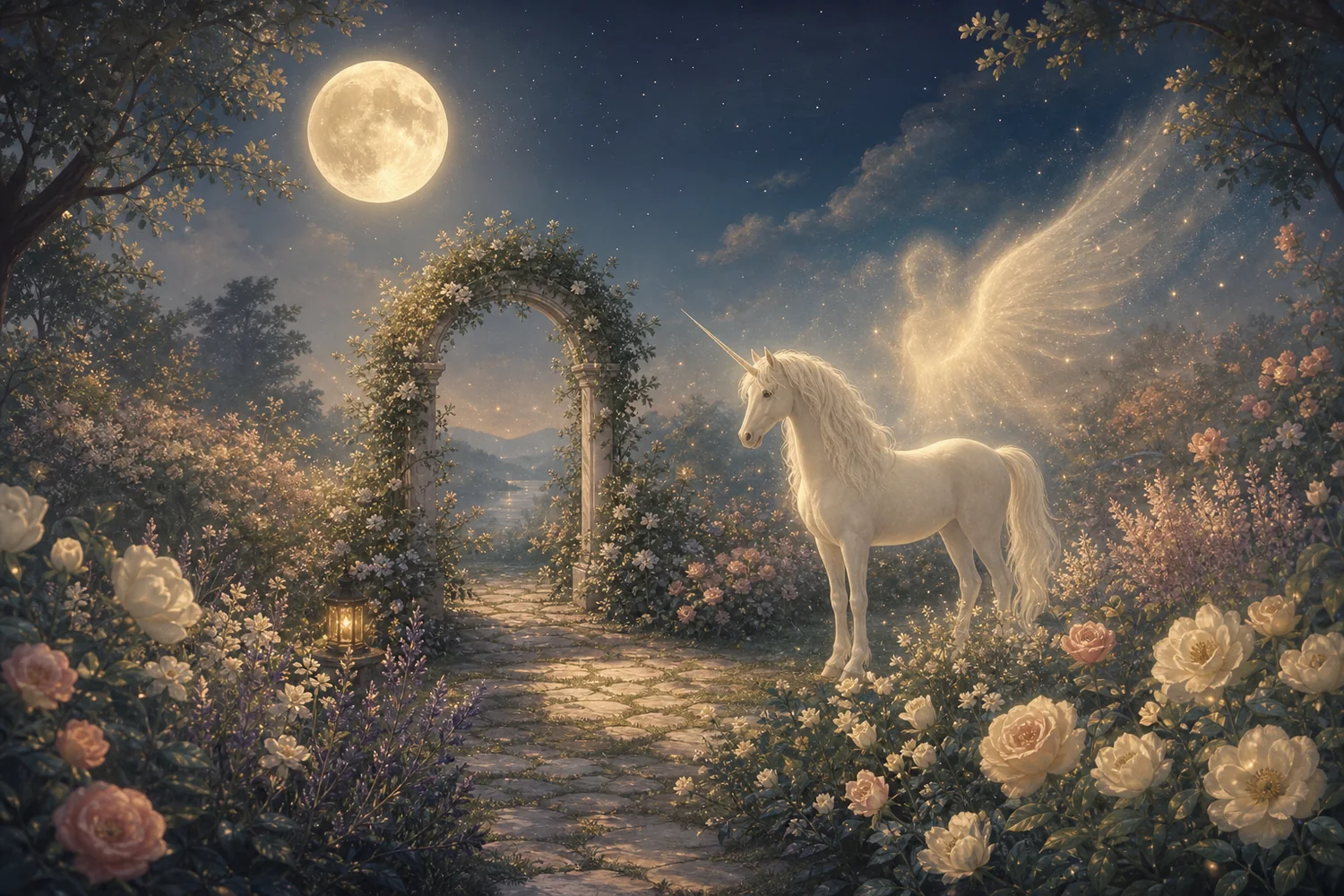 彤彤催眠紀錄中白色獨角獸與花園場景的插圖